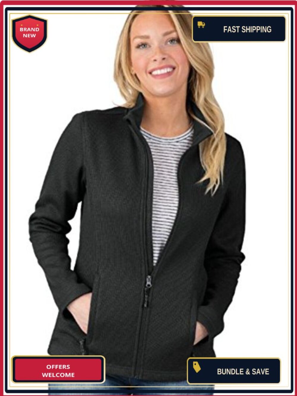 Women's Full Zip Fleece Jacket, Two-Layer Rib Knit Bonded, Long Sleeve,